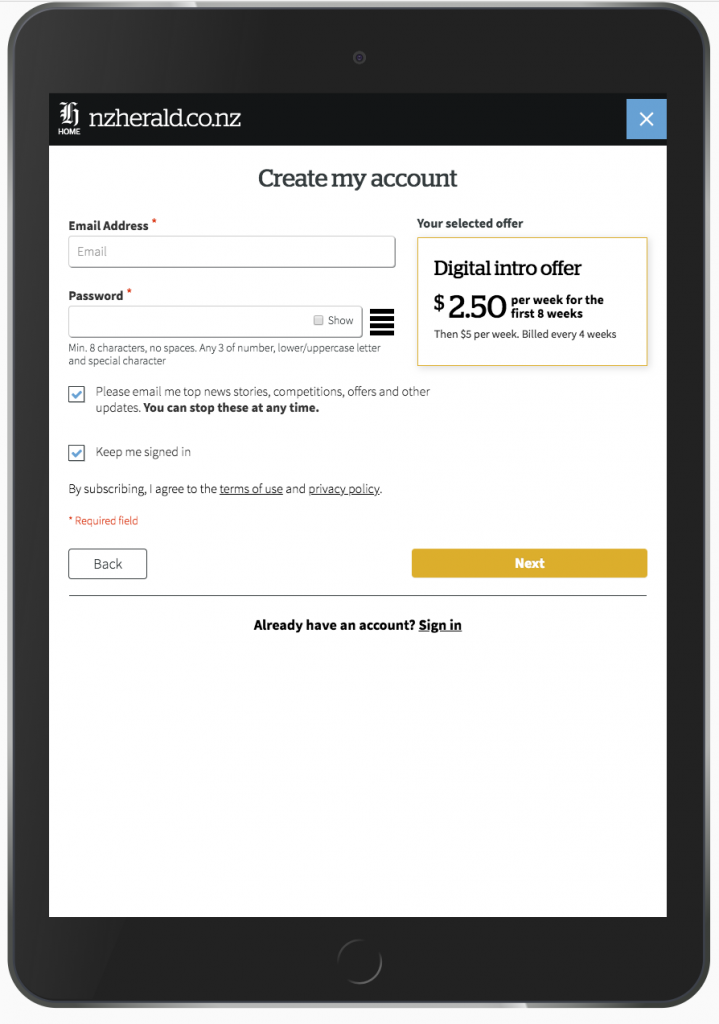 Responsive tablet view of the create account page